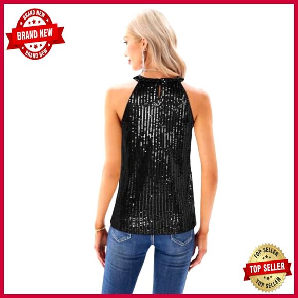 Sequin Halter Top Sleeveless Sparkly Tank Ruched Flowy Party Club Wear Y2K - Picture 4 of 5